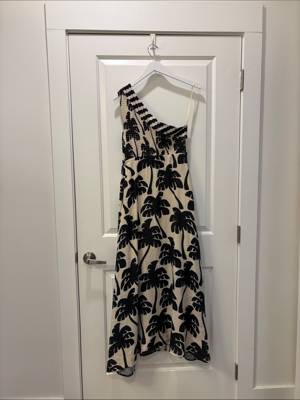 Farm Rio One Shoulder Linen Palm Tree Dress | Black & White | Size Small - Picture 8 of 14